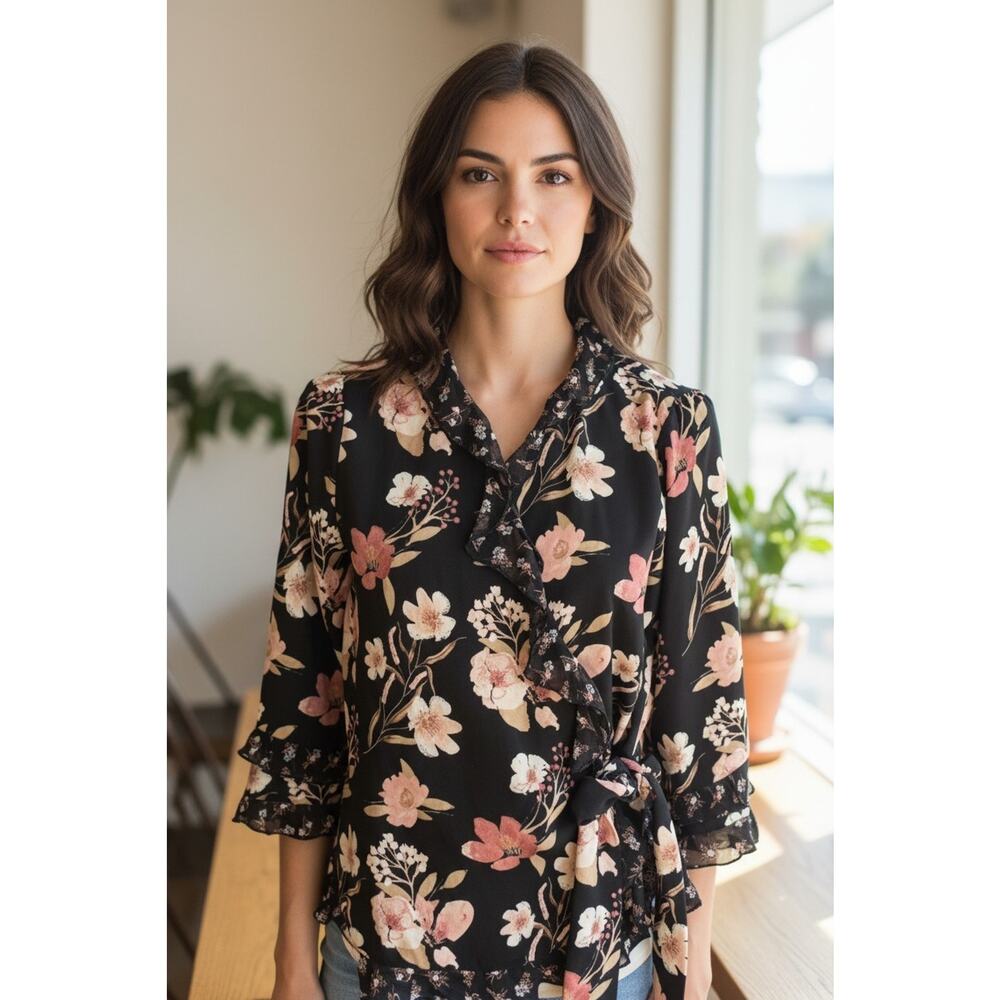 Cato Floral Wrap Blouse Womens Small Black Pink Ruffle Sheer Cottagecore